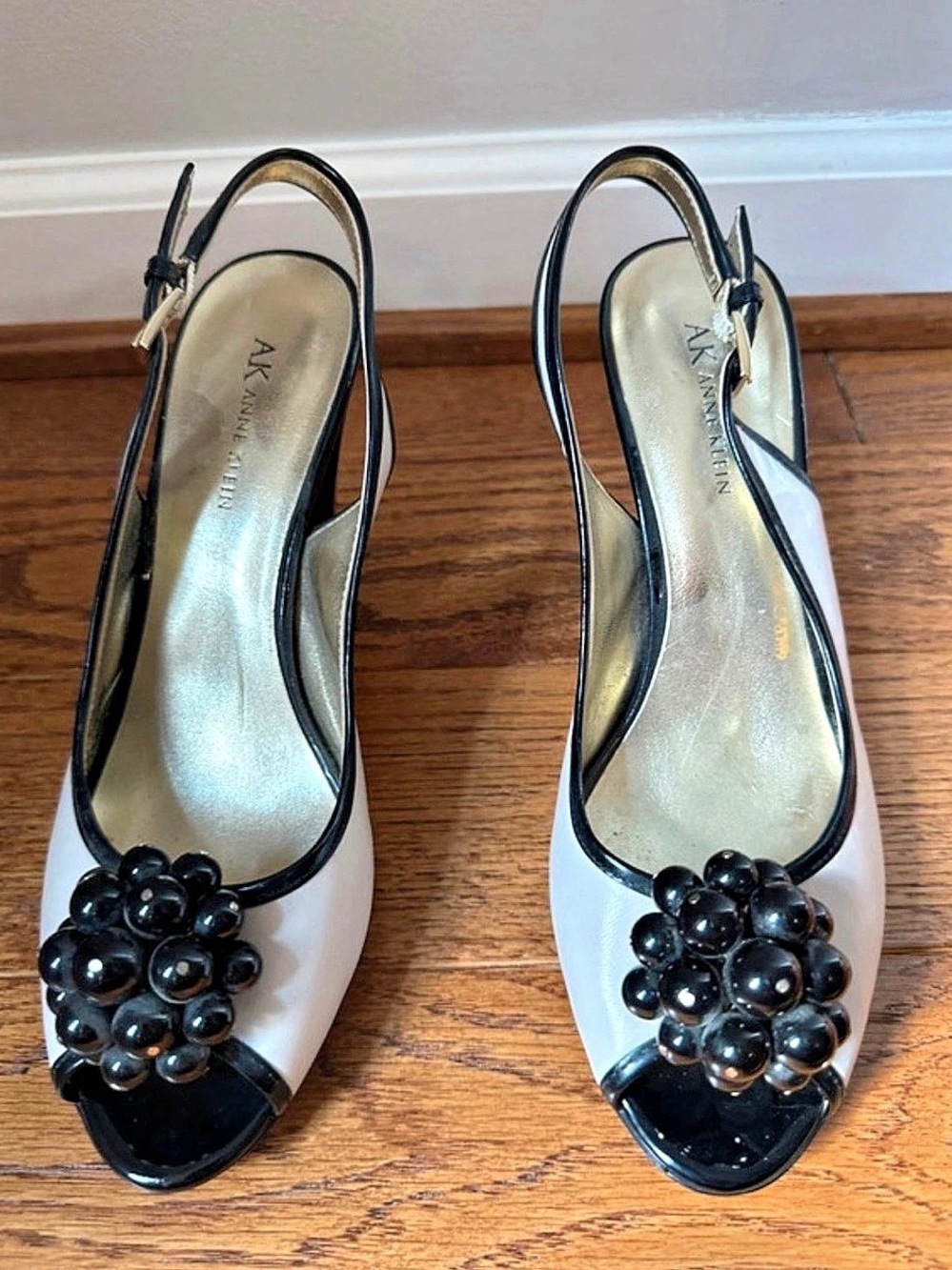 Anne Klein Embellished Slingback Heels in White & Black